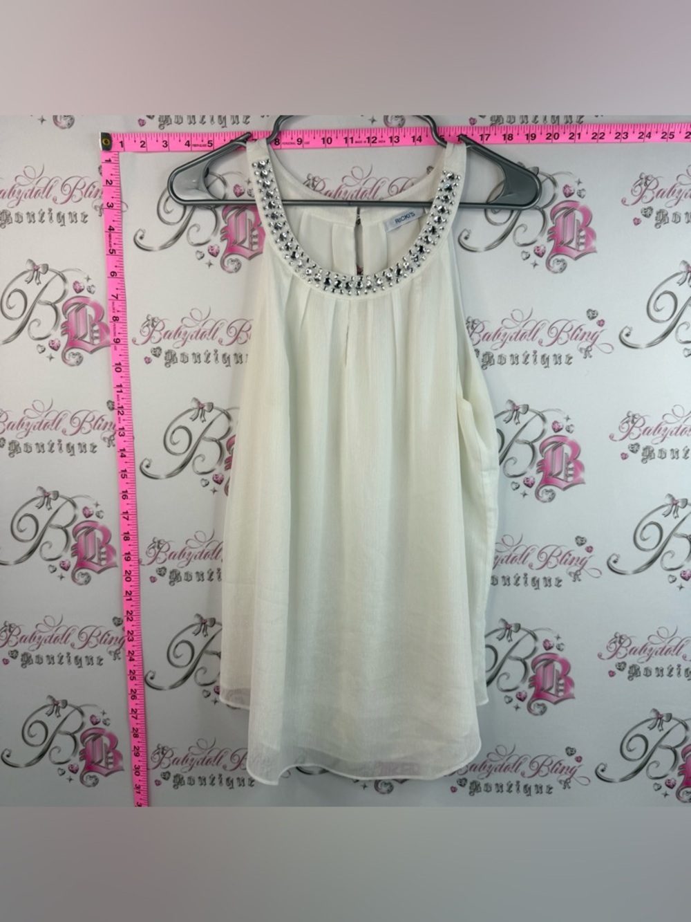 Ricki's tank top flowy rhinestone jewels Ivory Beaded Neckline Sleeveless Blouse